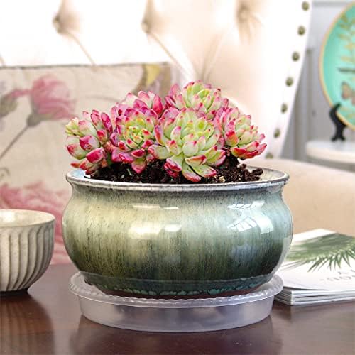 8 Inch Succulent Pot with Drainage and Saucer Glazed Terracotta Round Ceramic Succulent Planter Cactus Bonsai Plant Pot (White and Green) - Image 6