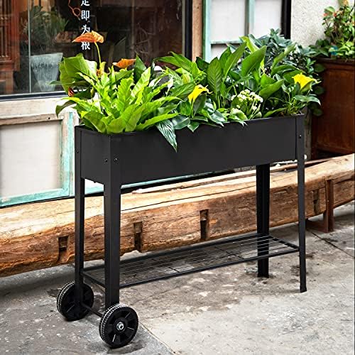 Piksedo Raised Garden Bed, Elevated Planter Metal Plant Box with Wheels with Legs Standing Garden Stand Drainage Holes Frosted Black - Image 5