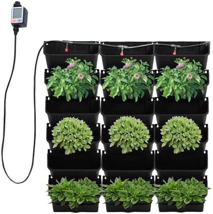 18 Pots Vertical Garden Wall Planter, Self-Watering Vertical Plant Wall Mounted Flower Pots with Timer & Drain Hose, Plant Vegetable Hanging Pocket Holder (Black) by Unknown