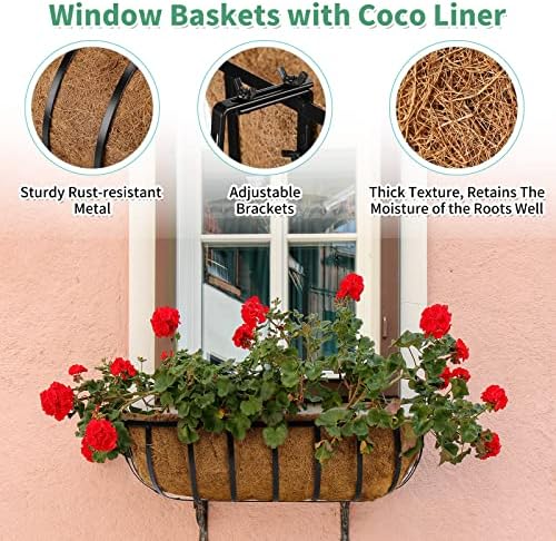 Tessco for you 3 Pieces Railing Planter Boxes, 24 Inches Window Box Planters with Coco Liner and Adjustable Brackets for Deck Porch Fence Patio Balcony Gardening Outdoor Plants - Image 4
