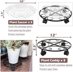 12" Metal Plant Caddy with Wheels 5 Packs Rolling Plant Stands Indoor Wheeled Plant Dolly Heavy-duty Pot Mover Roller Base Outdoor Plant Trolley Cart with Brake Casters Water-proof Dust-proof, Black - Image 3