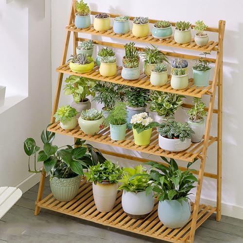 Folding Bamboo Plant Stand, Flower Pot Display Shelf Rack Tiered Plant Stand, Flower Display & Storage Rack, Planter Ladder Shelf for Indoors Outdoors Patio Balcony Garden,A-100*47*122cm by Unknown