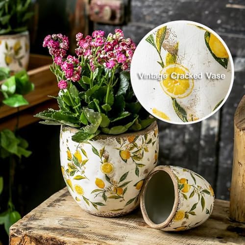 Ceramic Plant Pots for Indoor Plants, Yellow Vintage Planters for Succulents,Handmade Tuscan Flower Pots for Outdoor with Drainage Hole,Yellowl,with Hole - Image 3
