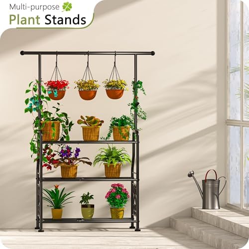 GIOTORENT Plant Stand Indoor, 3-Tier Heavy Duty Metal Shelf for Patio & Indoor, Tall Plant Holds 14+ Plants with 5 Hooks, Rust-Proof Plant Holder for Garden, Balcony, Living Room, Black - Image 2