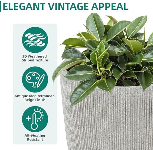 19" Mediterranean Beige Resin Tall Planters with Fluted Texture - Image 4