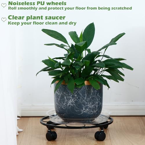 5 Packs 13.5 inches Large Metal Plant Caddy with Wheels Round Planter Dolly Pot Mover Rollers Wrought Iron Rolling Plant Stands Indoor Outdoor Wheeled Plant Holder Coaster Trolley, Black - Image 4
