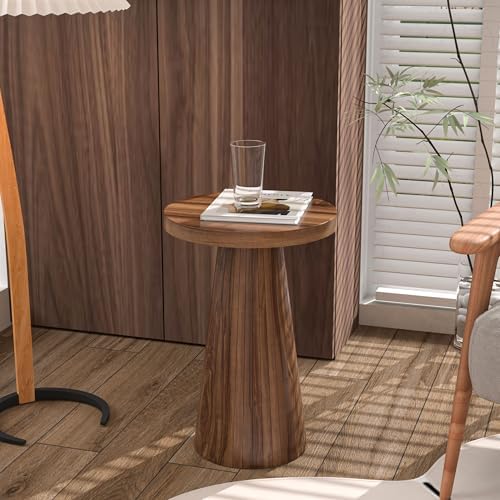 Small Round Pedestal Side Table, Wooden End Table for Living Room, Fluted Drink Table for Small Space, Modern Plant Stand Accent Table for Sofa Couch, 13.6 inch (Walnut) - Image 5
