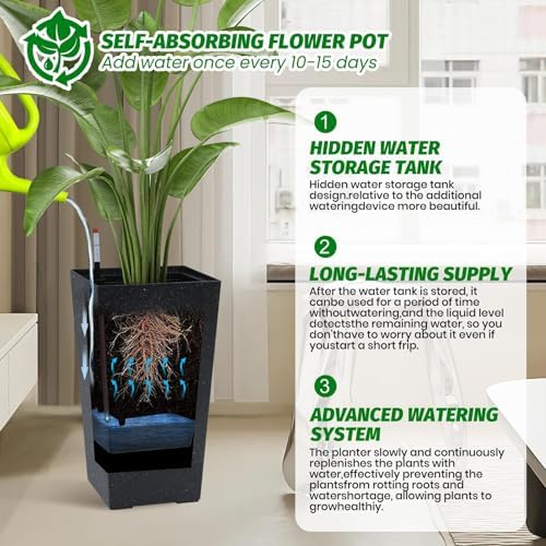 Tall Planters Set of 2, 22.5 Inch Self-Watering Outdoor Indoor Plant Pot with Water Level Monitor & Drainage Holes, Large Modern Flower Pot with Inner Bucket, Trays & Wheels – Black - Image 7