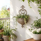 Vintage Wall Hanging Planter with Ornate Scrollwork, Distressed Rust Iron Wall Mount Flower Pot, Rustic Farmhouse Ribbed Wall Planter for Indoor Outdoor Porch Entryway Garden Wall Decor(A3077) by Unknown