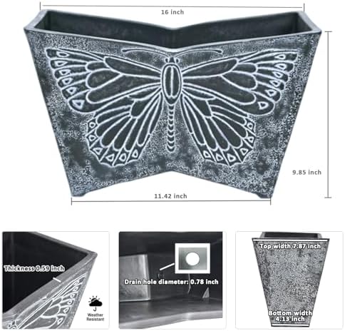 GreenShip 16 Inch Large Resin Flower Pots, Resin Planter Pot with Drainage Hole, Vintage Butterfly Embossed Decorative Garden Pot, Weather-Resistant for Porch, Patio, Indoor Use, Dark Grey - Image 3