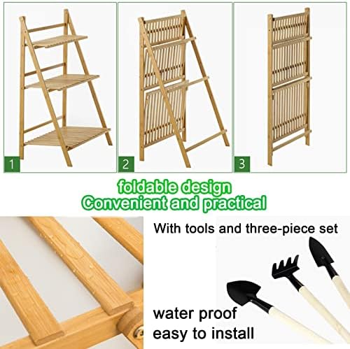 LIGUOYI Plant Shelf Holder 3-Tier Bamboo Ladder Plant Shelf, Hanging Garden Display Planter Rack Foldable Flower Plant Stand Height 56" Plant Hanger for Home Garden Patio Balcony - Image 7