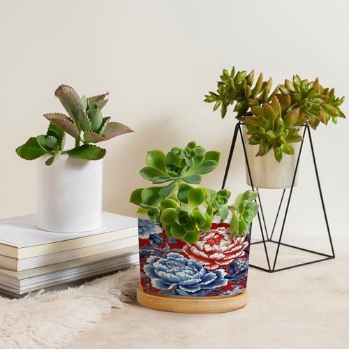 Red and Blue Chinoiserie Floral Planters Ceramic Chinoiserie Chic Asian Round Plant Pot with Drainage Holes and Bamboo Tray Pot for Pots Outdoor Indoor Plants - Image 4