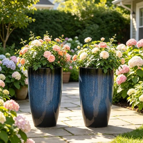 24" Large Tall Outdoor Planters, Set of 2 Faux Ceramic PP Flower Pots - Image 6