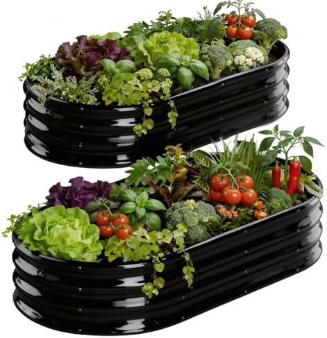 Rakukiri Raised Garden Bed Outdoor, GRS Certified Recycled Metal Planter Box 2 Sets, 4FT Galvanized Oval Herb Garden Kit, Bottomless Large Garden Beds for Vegetables Flowers, Rust-Resistant Black by RaisedGardenBed