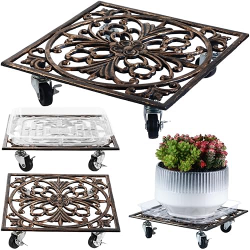 2 Packs 12" Square Metal Plant Caddy with Wheels Large Heavy-Duty Cast Iron Planter Dolly Pot Mover, Indoor Outdoor Vintage Rolling Plant Stands with Casters Wheeled Plant Roller Base, Rustproof Bronze by DEELF+OUTLET