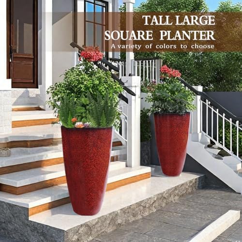 2 Pcs Pack 21 Inches Plastic Resin Tall Tapered Planter Pots Large Round Planter Flower Pot with Drainage Holes for Indoor Outdoor Deck Porch Yard Office Garden Home Patio Front Door (Red, L) - Image 2