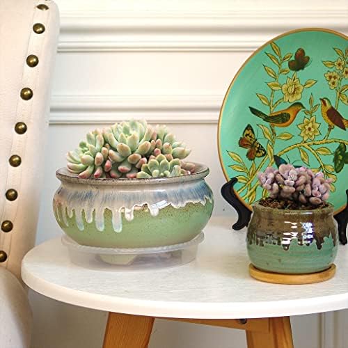7 Inch Glazed Terracotta Plant Pot Round Ceramic Succulent Planter Pot with Drainage and Saucer Cactus Clay Pot (Green Flowing Glaze) - Image 5