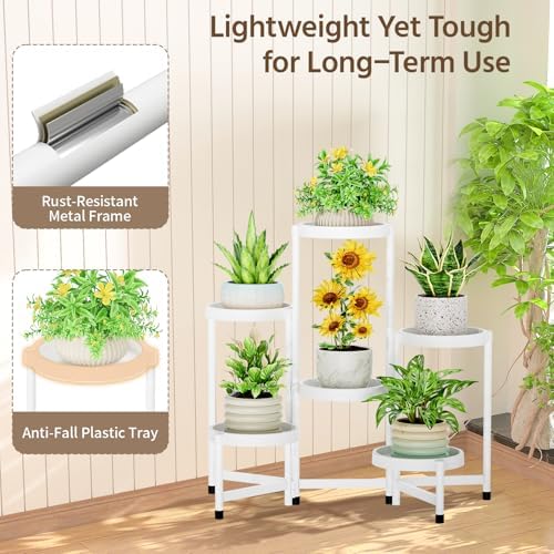 LASZOLA Plant Stand Indoor Outdoor Tall with Plastic Tray, 6 Tiers White - Image 6