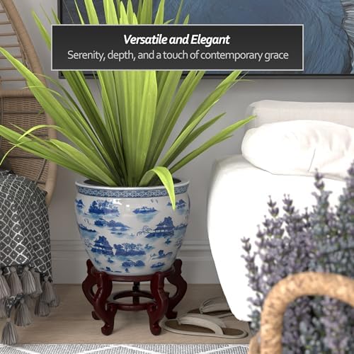 Red Lantern 14" Landscape Blue & White Porcelain Fishbowl Planter or Cachepot for Indoor/Outdoor Use in Garden Entryway Living Room Boho Eclectic Modern Contemporary Classic Traditional Style Decor - Image 3