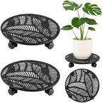 Planterhoma 2 Packs 10 Inch Rolling Plant Stand with Wheels Metal Plant Caddy with Wheels Heavy Duty Plant Rollers with Metal Wheels Round Wrought Iron Plant Stand with Tropical Leaf by Planterhoma