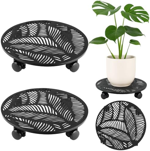 Planterhoma 2 Packs 10 Inch Rolling Plant Stand with Wheels Metal Plant Caddy with Wheels Heavy Duty Plant Rollers with Metal Wheels Round Wrought Iron Plant Stand with Tropical Leaf by Planterhoma