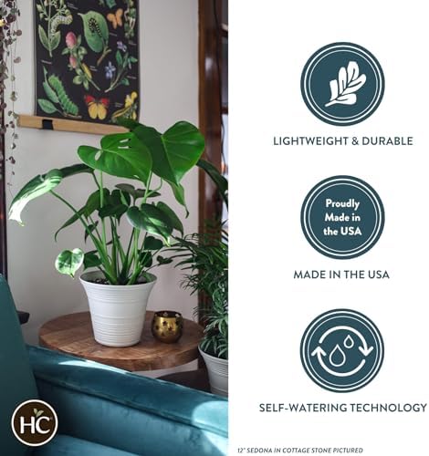 The HC Companies 12 Inch Sedona Round Self Watering Planter - Decorative Lightweight Plastic Plant Pot for Indoor Outdoor Plants Flowers Herbs, Cottage Stone (Pack of 3) - Image 3