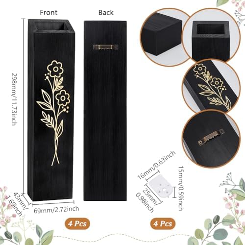 peacoblue Wood Wall Planter, 4 Pack Indoor Pocket Wall Vases Decor for Boho Farmhouse Living Room Bedroom Dried Flowers Faux Greenery Plants Black - Image 2