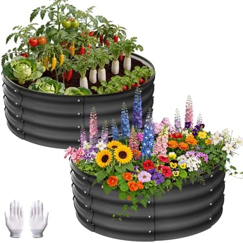 Garvee Galvanized Raised Garden Bed, 2Pcs Raised Garden Beds Outdoor, Round Planter Raised Beds with Gloves and Rubber Edge Trim for Vegetables, Flowers and Herbs, 3x3x1 FT, Dark Grey by Garvee