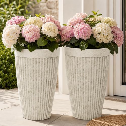2-Pack 20" Vintage Ivory Resin Tall Planters with Fluted Texture - Image 5
