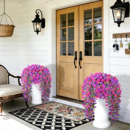 Artificial Hanging Flowers for Outdoors, 6 PCS 414 Blooms Ultra Full Morning Glory Vines, UV Resistant Faux Silk Hanging Plants for Porch Window Box Patio Garden Decor, Fuchsia & Light Purple - Image 6