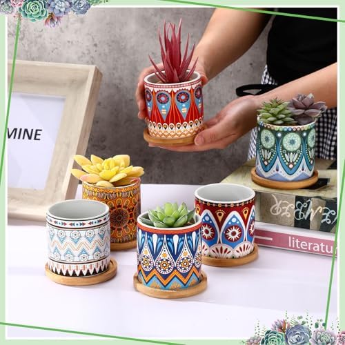 Zopeal 6 Pcs 3 Inch Succulent Pots Succulent Planters Cylinder Ceramic Pots Mandala Multicolor Cactus Pot with Drainage Holes and Bamboo Trays for Indoor Plants Flowers Garden Decoration (Core) - Image 4
