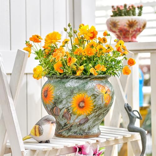 Sungmor 9 Inch Hand Painted Ceramic Succulent Plant Pots - Green & Daisy - Image 4
