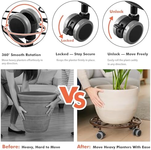 Planterhoma 5 Pack Plant Caddy with Wheels & Saucers, 11.8" Heavy Duty Metal Rolling Plant Stand, Plant Dolly with Lockable Casters, Rustproof Iron Planter Mover for Indoor Outdoor, Bronze - Image 4