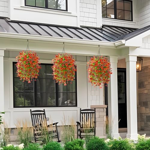 Homsunny Artificial Fake Hanging Plants Flowers Baskets for Outdoor Outside Spring Decor,Faux Silk Daisy UV Resistant Look Real Summer Decorations for Home Porch Patio Yard Garden(Red Brown) - Image 2