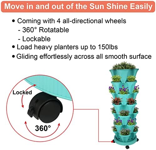 GameXcel Vertical Planter Tower - 7 Tier Stackable Garden Planters with Wheels and Tools Plant Pots for Strawberry Herb Flower and Vegetable Indoor Outdoor Use Teal 2 Pack - Image 7