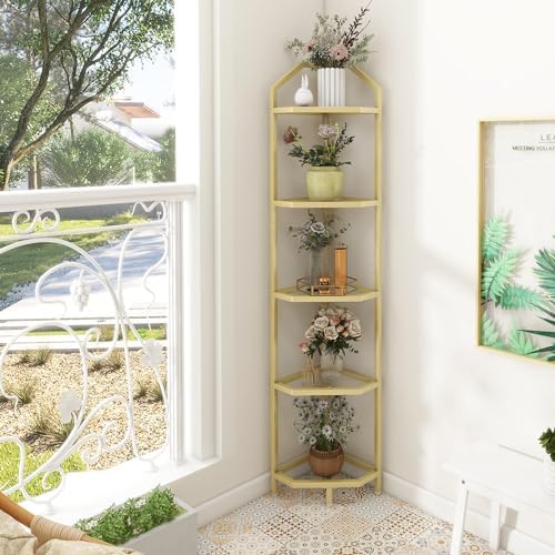 5-Tier Corner Shelf Stand, Gold Corner Bookshelf, Bathroom Storage Rack Shelf, Plant Rack, Tempered Glass, Steel Frame, Modern Style for Living Room, Bathroom, Kitchen, Metallic Gold - Image 5