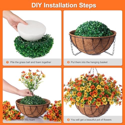 Fake Mums Artificial Fall Flowers Hanging Baskets Outdoors for Decoration - Image 3