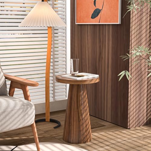 Small Round Pedestal Side Table, Wooden End Table for Living Room, Fluted Drink Table for Small Space, Modern Plant Stand Accent Table for Sofa Couch, 13.6 inch (Walnut) - Image 3