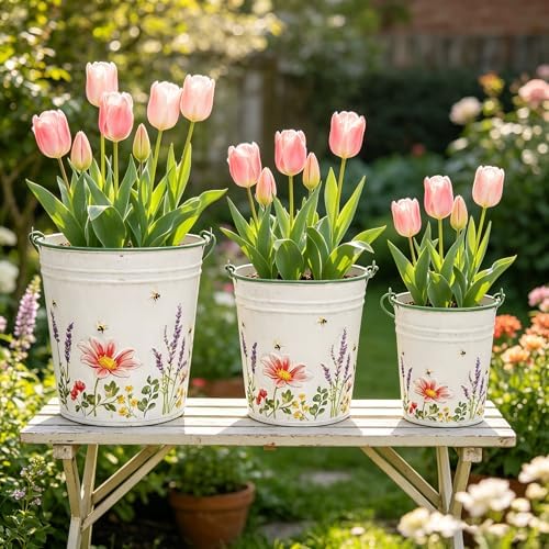 3-Piece Floral Metal Planter Bucket Set - Rustic Lavender Decorative Flower Pots for Succulents, Herbs & Indoor/Outdoor Garden, Flower Arranging, Wedding Party Home Decor Accents by Unknown