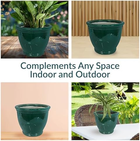 Sunnydaze Studio 15" Round Ceramic Planter, Dark Green Glaze - Image 3