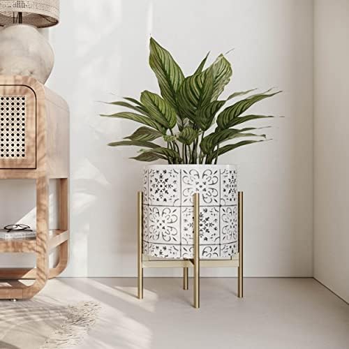 EverNest Tristan White with Black Boho Pattern Plant Pot with Loki Stand, SelectBase Indoor Planter, Neutral Home Decor, Minimalist Artistic Boho Plant Pot (Small, Gold) - Image 3