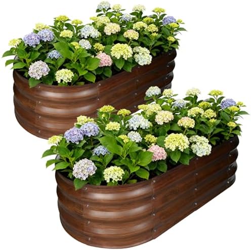 Galvanized Raised Garden Bed Outdoor, Large Raised Bed for Gardening, 2Pcs 4x2x1ft Oval Metal Planter Box for Vegetables, Fruits, Flowers, Dark Brown Wood Grain by VivaGarden