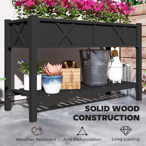 47 Inch Elevated Wood Raised Garden Bed with Storage Shelf, Black - Image 5