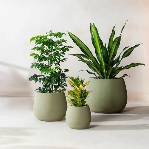 FAB HAB Beryl Handmade Round Metal Planters in Verde/Sage Green – Set of 3 (8", 15", 19”), Indoor/Outdoor, Lightweight with Drainage Holes by FabHabitat