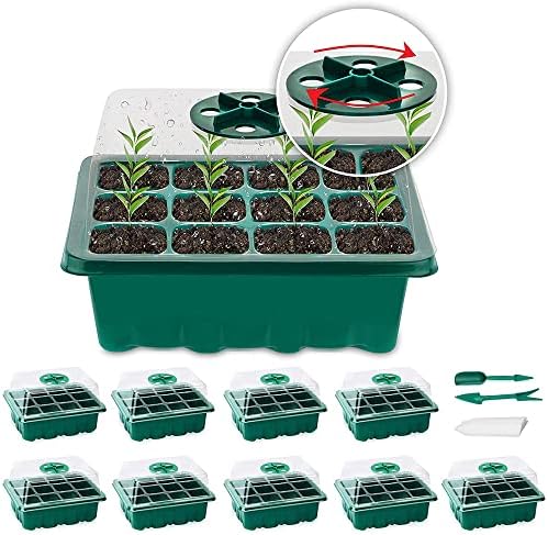10 Packs Seed Starter Tray, Reusable Plant Trays for Seedlings, Seed Starter Tray Kit with Adjustable Humidity Dome Greenhouse Germination Kit for Seeds Growing Starting(120 Cells Total Tray) by KJingKeLai