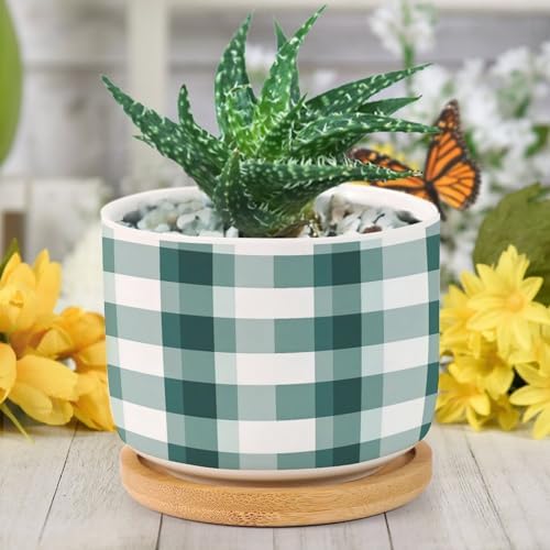 Sage Green Buffalo Plaid Planter Ceramic Green Buffalo Check Round Flower Pot with Drainage Holes and Bamboo Tray Pot for Home Office Desk Garden - Image 6