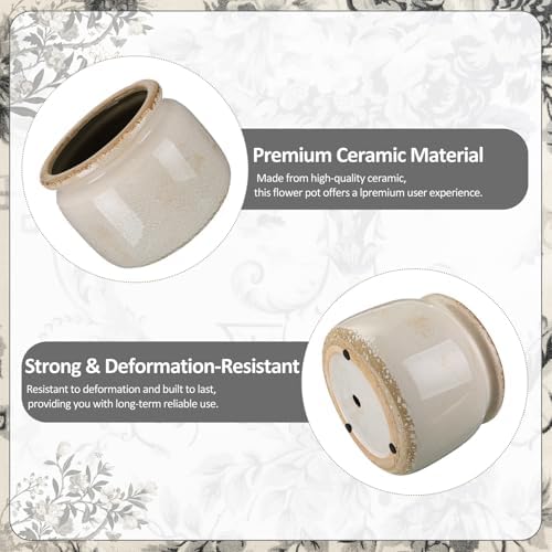 7.7″ Large Vintage Ceramic Plant Pot Pure Beige Rustic Planter with Ice Crackle Glaze & Drainage Hole for Indoor Outdoor Plants Farmhouse Home Kitchen Office Decor Gift for Women Teacher - Image 3