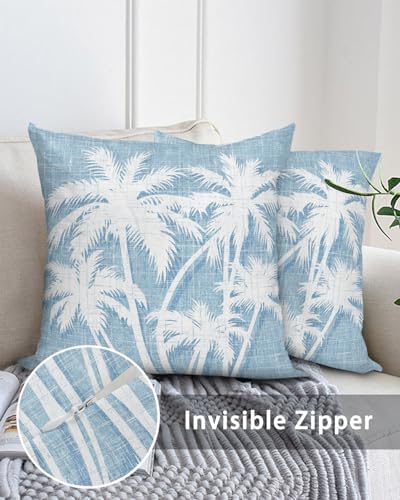 Throw Pillow 16x16 Inch, Tropical Palm Tree Waterproof Outdoor Pillow Covers with Insert, Vintage Light Blue Exotic Botanical Plants Decorative Pillowcase Cushion for Patio, Garden, Couch, Sofa, Bed - Image 5