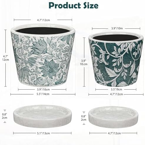Set of 2 Ceramic Blue and White Plant Pots with Drainage Hole and Saucers, Vintage Farmhouse Accent Planters for Indoor Plants, Round Flower Pots Rustic Succulent Pot Terracotta Tubs 5.7/4.7 Inch - Image 3