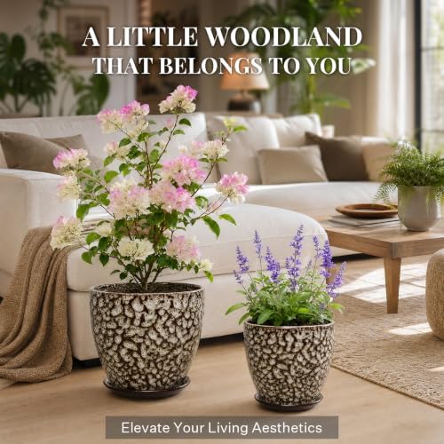 10 Inch Ceramic Planter with Drainage Hole Saucer(Mottled White) - Image 2